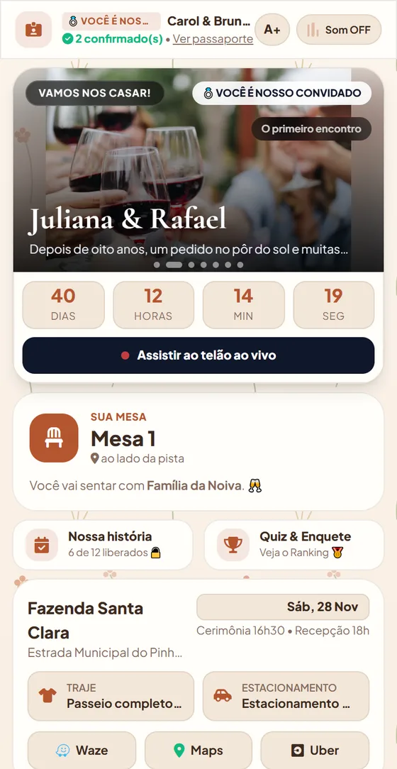 Convite de casamento Juliana e Rafael aberto no celular: contagem regressiva, mesa do convidado, nossa história, local, traje e rotas