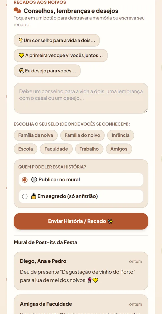 Recados aos noivos: conselhos, lembranças e desejos, com selos Família da noiva e Família do noivo
