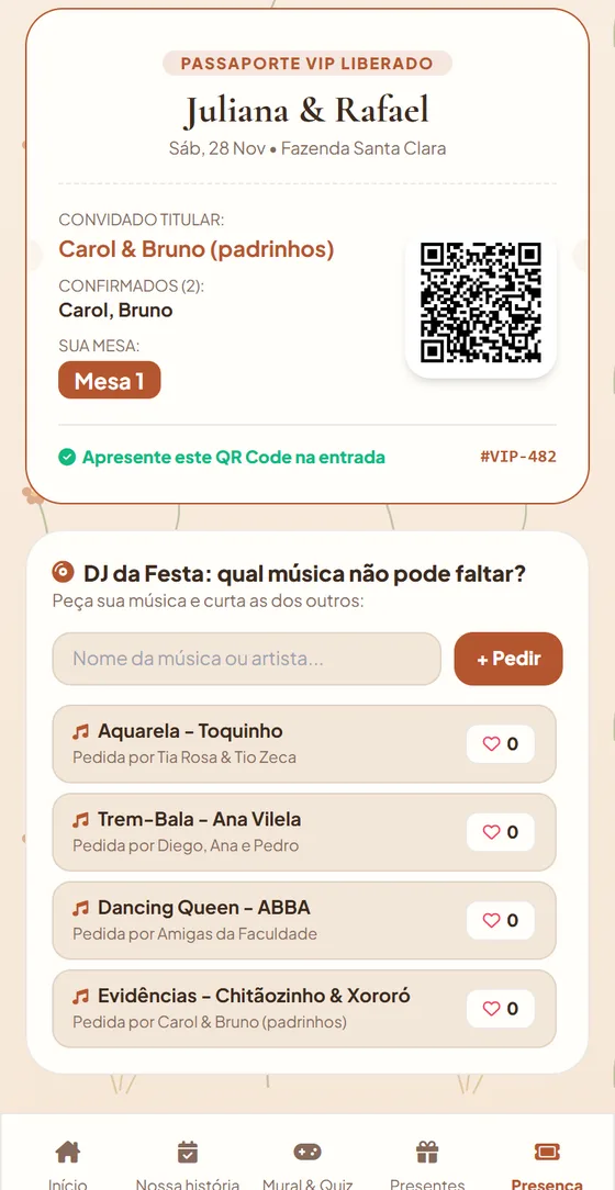 Passaporte liberado com QR Code, confirmados e Mesa 1, e pedidos de música para o DJ