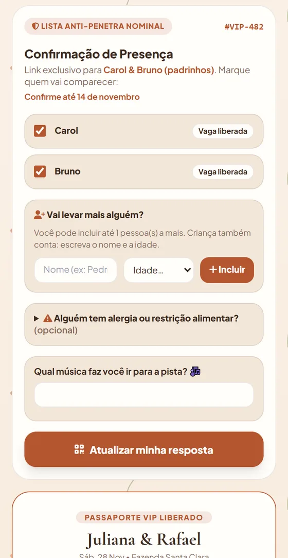 Confirmação de presença por nome, inclusão de acompanhante com idade e alergias