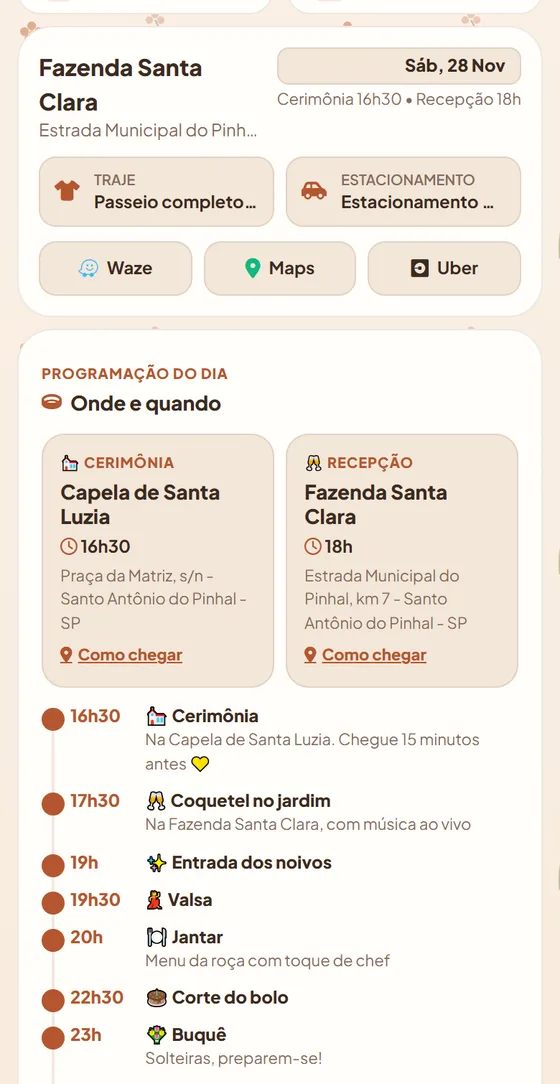 Programação do dia: cerimônia na capela e recepção na fazenda, lado a lado com Como chegar, e o roteiro com horários