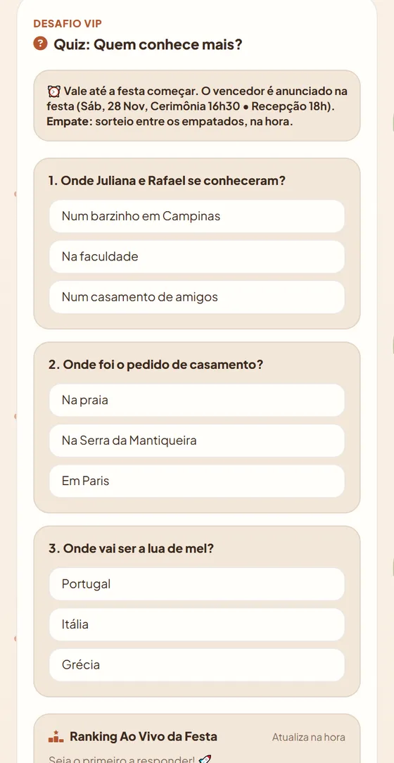 Quiz Quem conhece mais os noivos, com três perguntas e ranking ao vivo